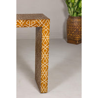 Handmade Mango Wood Linear Console Table with Geometric Bone Inlay