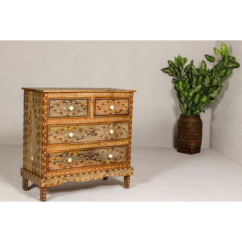 Anglo Style Mango Wood Four-Drawer Chest with Foliage Themed Bone Inlay-YN8007-10. Asian & Chinese Furniture, Art, Antiques, Vintage Home Décor for sale at FEA Home