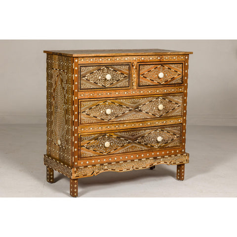 Anglo Style Mango Wood Four-Drawer Chest with Foliage Themed Bone Inlay-YN8007-11. Asian & Chinese Furniture, Art, Antiques, Vintage Home Décor for sale at FEA Home