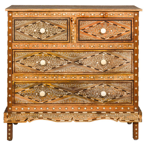 Anglo Style Mango Wood Four-Drawer Chest with Foliage Themed Bone Inlay-YN8007-1. Asian & Chinese Furniture, Art, Antiques, Vintage Home Décor for sale at FEA Home