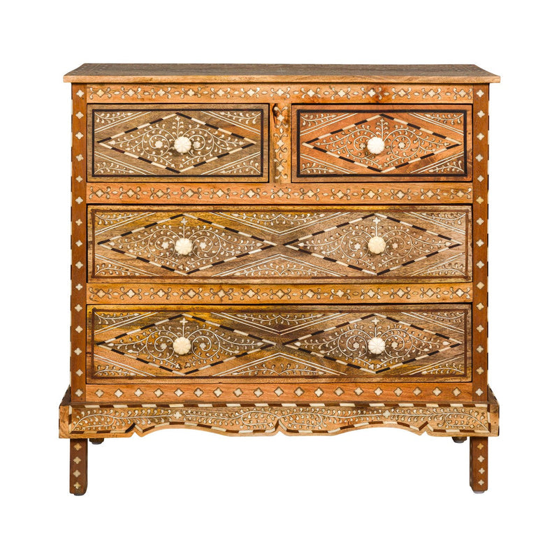 Anglo Style Mango Wood Four-Drawer Chest with Foliage Themed Bone Inlay-YN8007-20. Asian & Chinese Furniture, Art, Antiques, Vintage Home Décor for sale at FEA Home