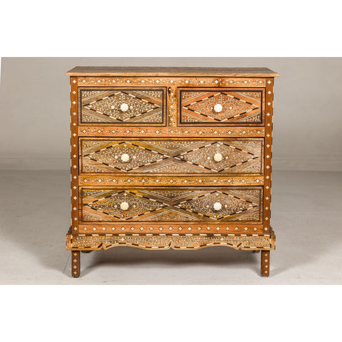 Anglo Style Mango Wood Four-Drawer Chest with Foliage Themed Bone Inlay-YN8007-2. Asian & Chinese Furniture, Art, Antiques, Vintage Home Décor for sale at FEA Home