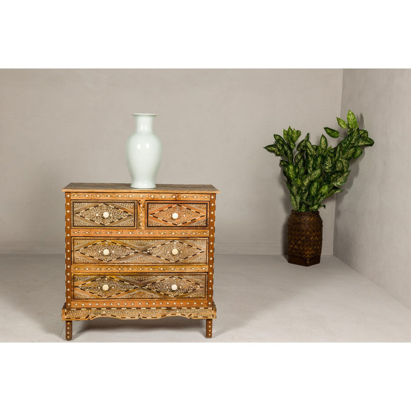 Anglo Style Mango Wood Four-Drawer Chest with Foliage Themed Bone Inlay-YN8007-3. Asian & Chinese Furniture, Art, Antiques, Vintage Home Décor for sale at FEA Home