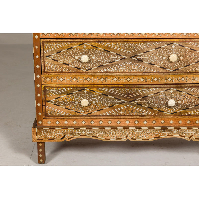 Anglo Style Mango Wood Four-Drawer Chest with Foliage Themed Bone Inlay-YN8007-5. Asian & Chinese Furniture, Art, Antiques, Vintage Home Décor for sale at FEA Home