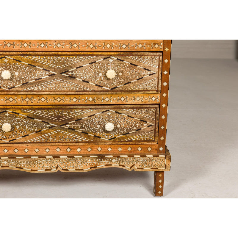 Anglo Style Mango Wood Four-Drawer Chest with Foliage Themed Bone Inlay-YN8007-6. Asian & Chinese Furniture, Art, Antiques, Vintage Home Décor for sale at FEA Home