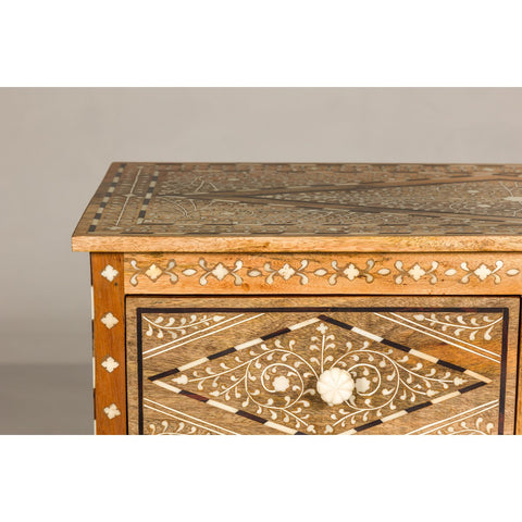 Anglo Style Mango Wood Four-Drawer Chest with Foliage Themed Bone Inlay-YN8007-8. Asian & Chinese Furniture, Art, Antiques, Vintage Home Décor for sale at FEA Home