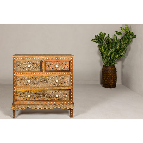 Anglo Style Mango Wood Four-Drawer Chest with Foliage Themed Bone Inlay-YN8007-9. Asian & Chinese Furniture, Art, Antiques, Vintage Home Décor for sale at FEA Home