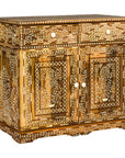 Brown mango wood buffet with Anglo style bone inlay, two drawers and two doors, front view.