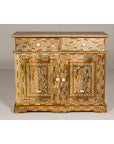 Gold and white floral bone inlay buffet made of mango wood with two drawers and two doors, Anglo style.
