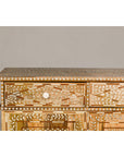 Brown mango wood and bone inlay buffet with two drawers and two doors, shown against a plain background.
