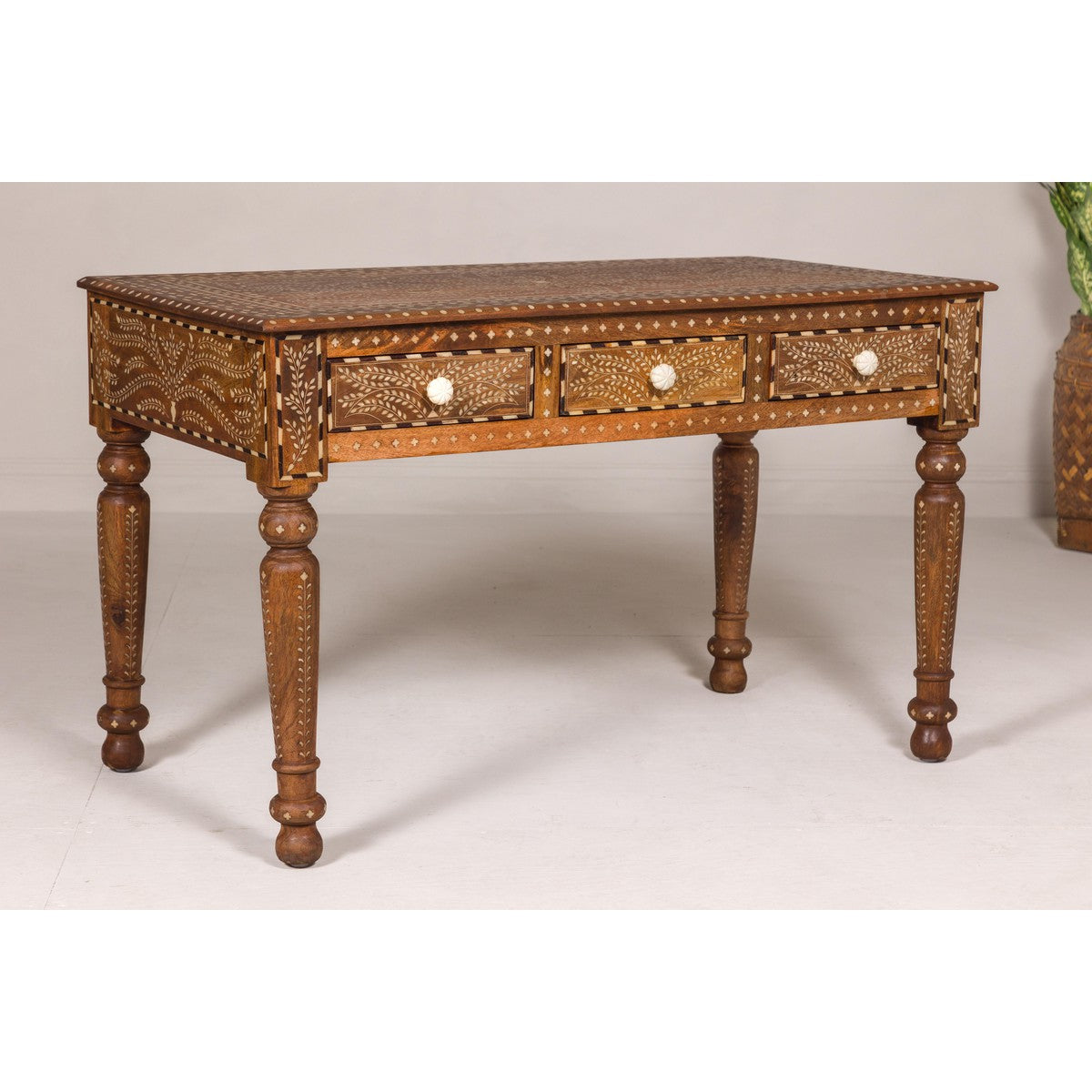 Anglo Style Mango Wood Console or Desk with Three Drawers and Bone Inlay-11. Asian & Chinese Furniture, Art, Antiques, Vintage Home Décor for sale at FEA Home