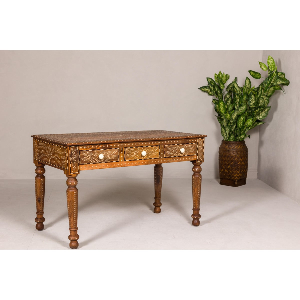 Anglo Style Mango Wood Console or Desk with Three Drawers and Bone Inlay-12. Asian & Chinese Furniture, Art, Antiques, Vintage Home Décor for sale at FEA Home