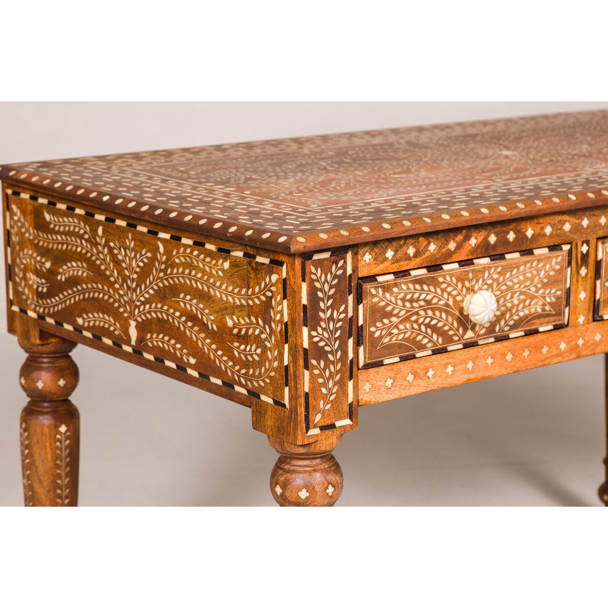 Anglo Style Mango Wood Console or Desk with Three Drawers and Bone Inlay-13. Asian & Chinese Furniture, Art, Antiques, Vintage Home Décor for sale at FEA Home
