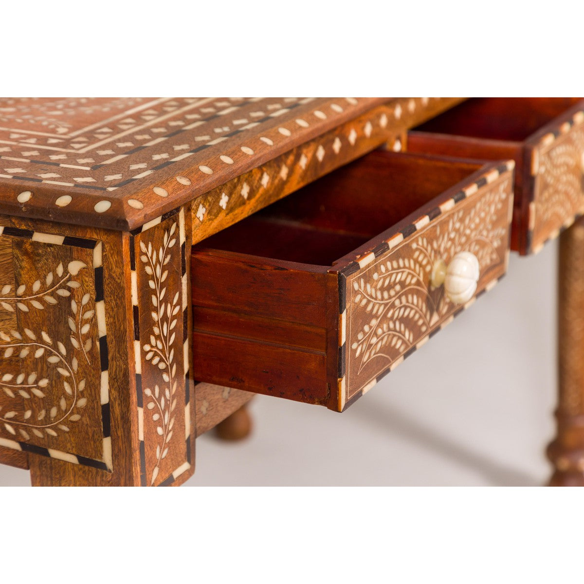 Anglo Style Mango Wood Console or Desk with Three Drawers and Bone Inlay-14. Asian & Chinese Furniture, Art, Antiques, Vintage Home Décor for sale at FEA Home