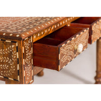Anglo Style Mango Wood Console or Desk with Three Drawers and Bone Inlay