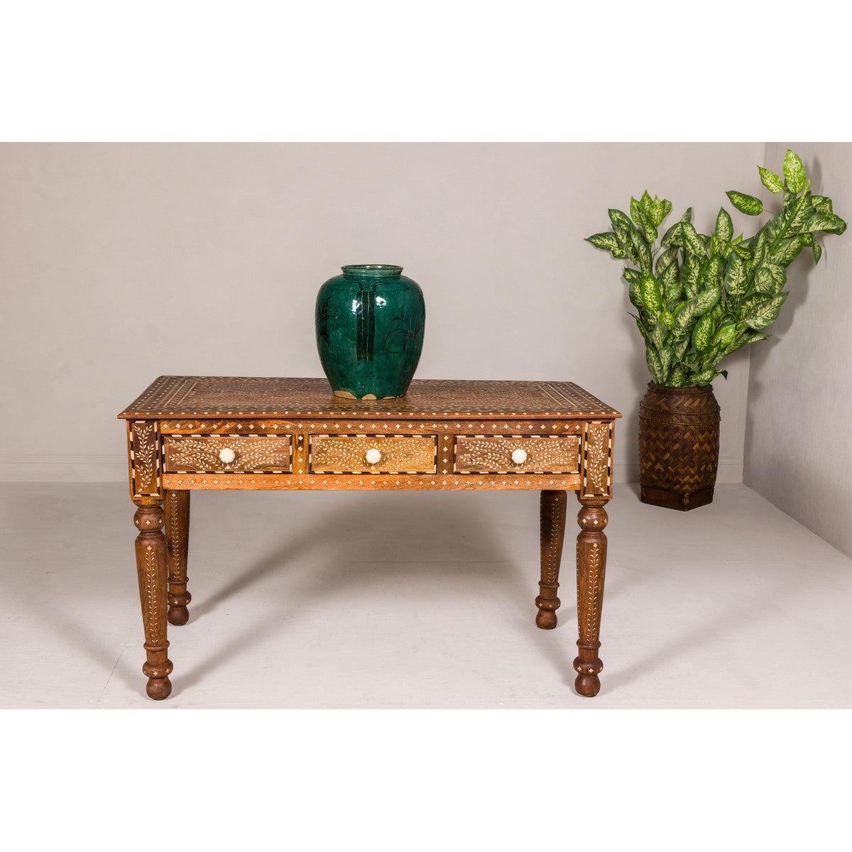 Anglo Style Mango Wood Console or Desk with Three Drawers and Bone Inlay-2. Asian & Chinese Furniture, Art, Antiques, Vintage Home Décor for sale at FEA Home