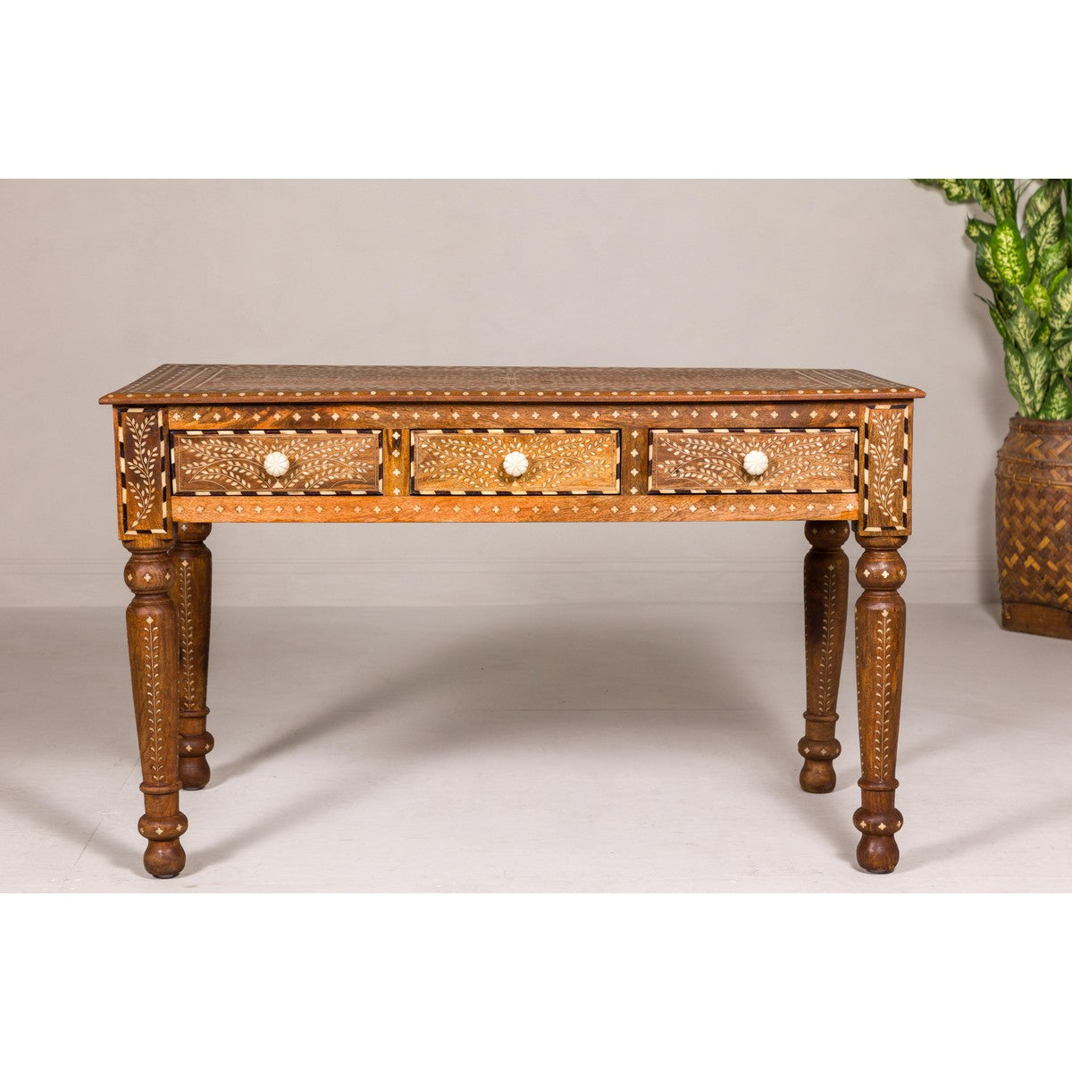 Anglo Style Mango Wood Console or Desk with Three Drawers and Bone Inlay-3. Asian & Chinese Furniture, Art, Antiques, Vintage Home Décor for sale at FEA Home