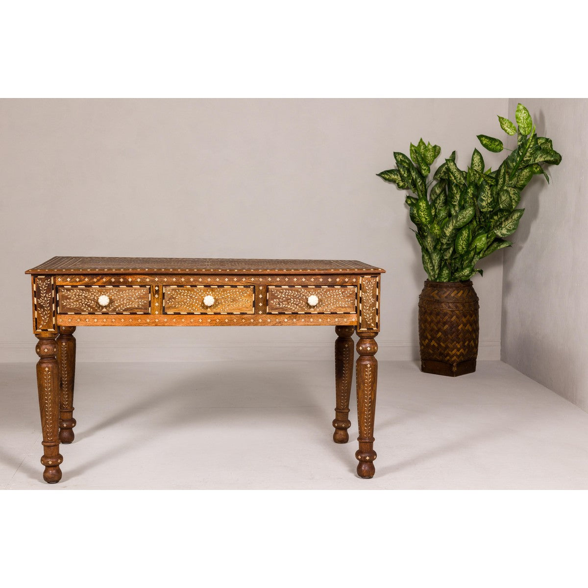 Anglo Style Mango Wood Console or Desk with Three Drawers and Bone Inlay-4. Asian & Chinese Furniture, Art, Antiques, Vintage Home Décor for sale at FEA Home
