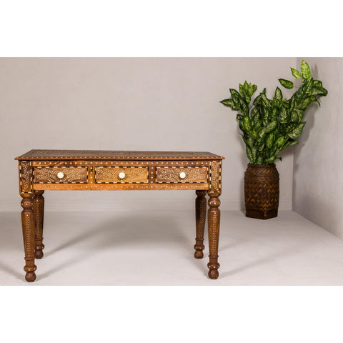 Anglo Style Mango Wood Console or Desk with Three Drawers and Bone Inlay-YN8011-4. Asian & Chinese Furniture, Art, Antiques, Vintage Home Décor for sale at FEA Home