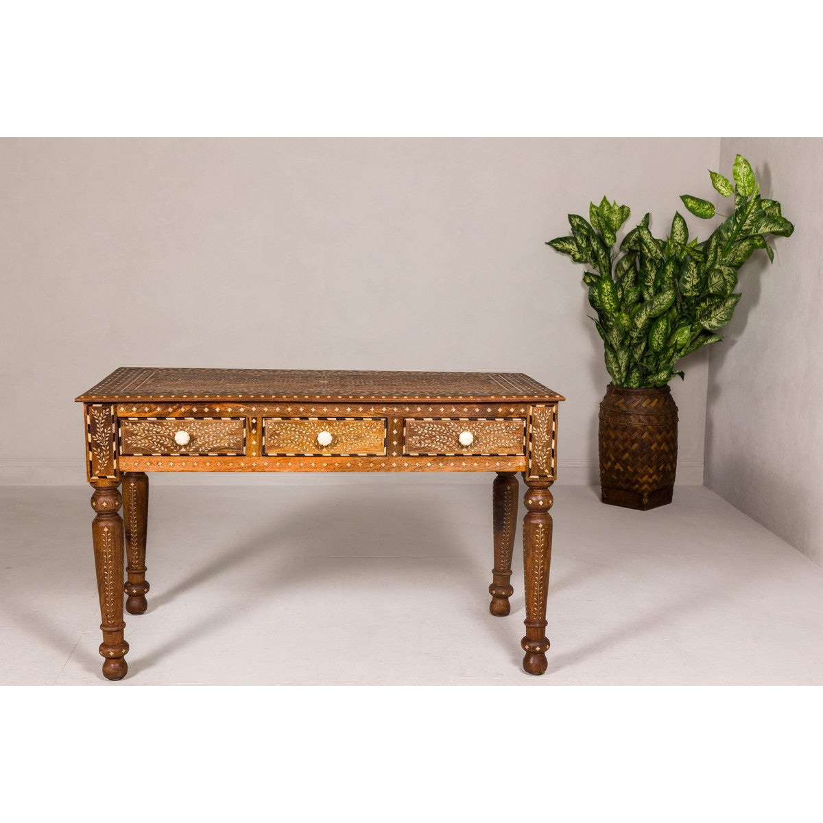 Anglo Style Mango Wood Console or Desk with Three Drawers and Bone Inlay-5. Asian & Chinese Furniture, Art, Antiques, Vintage Home Décor for sale at FEA Home