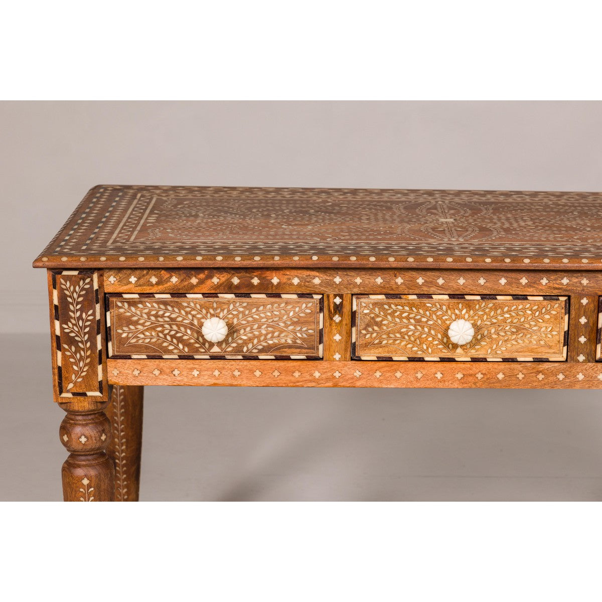 Anglo Style Mango Wood Console or Desk with Three Drawers and Bone Inlay-6. Asian & Chinese Furniture, Art, Antiques, Vintage Home Décor for sale at FEA Home