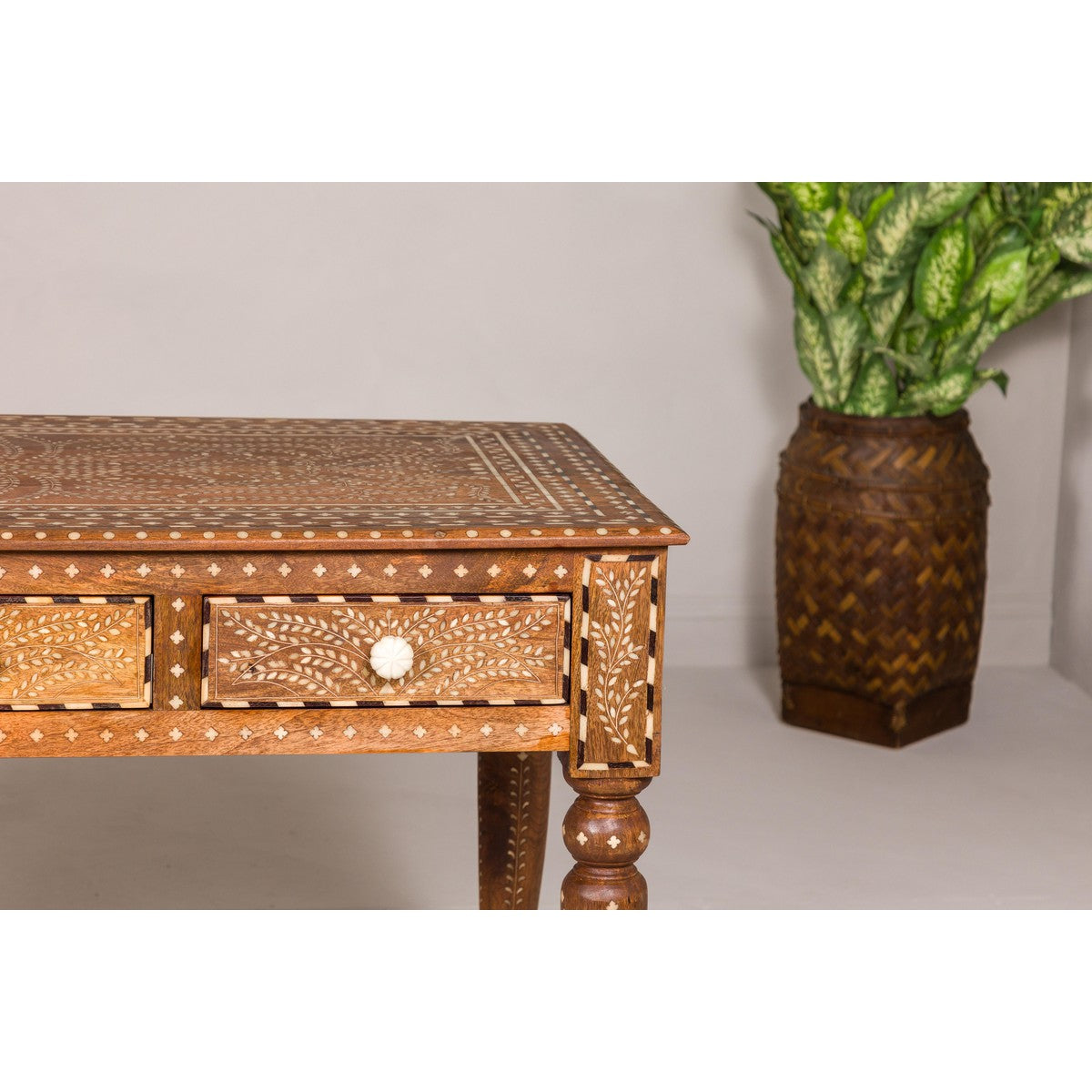 Anglo Style Mango Wood Console or Desk with Three Drawers and Bone Inlay-7. Asian & Chinese Furniture, Art, Antiques, Vintage Home Décor for sale at FEA Home