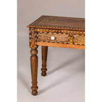 Anglo Style Mango Wood Console or Desk with Three Drawers and Bone Inlay