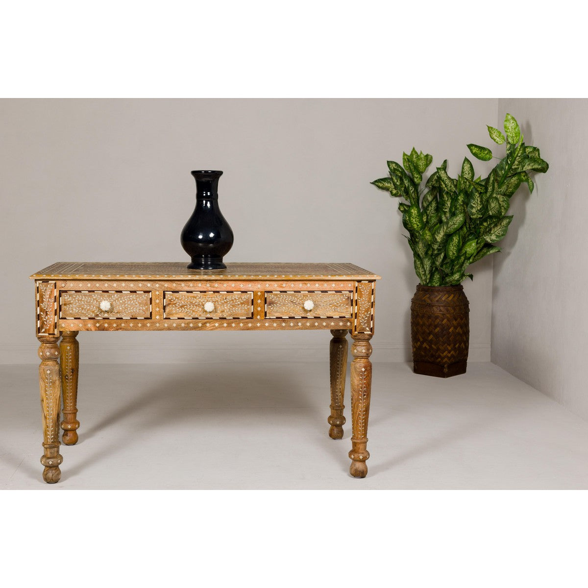 Anglo Style Mango Wood Desk with Drawers, Bone Inlay and Light Patina-10. Asian & Chinese Furniture, Art, Antiques, Vintage Home Décor for sale at FEA Home