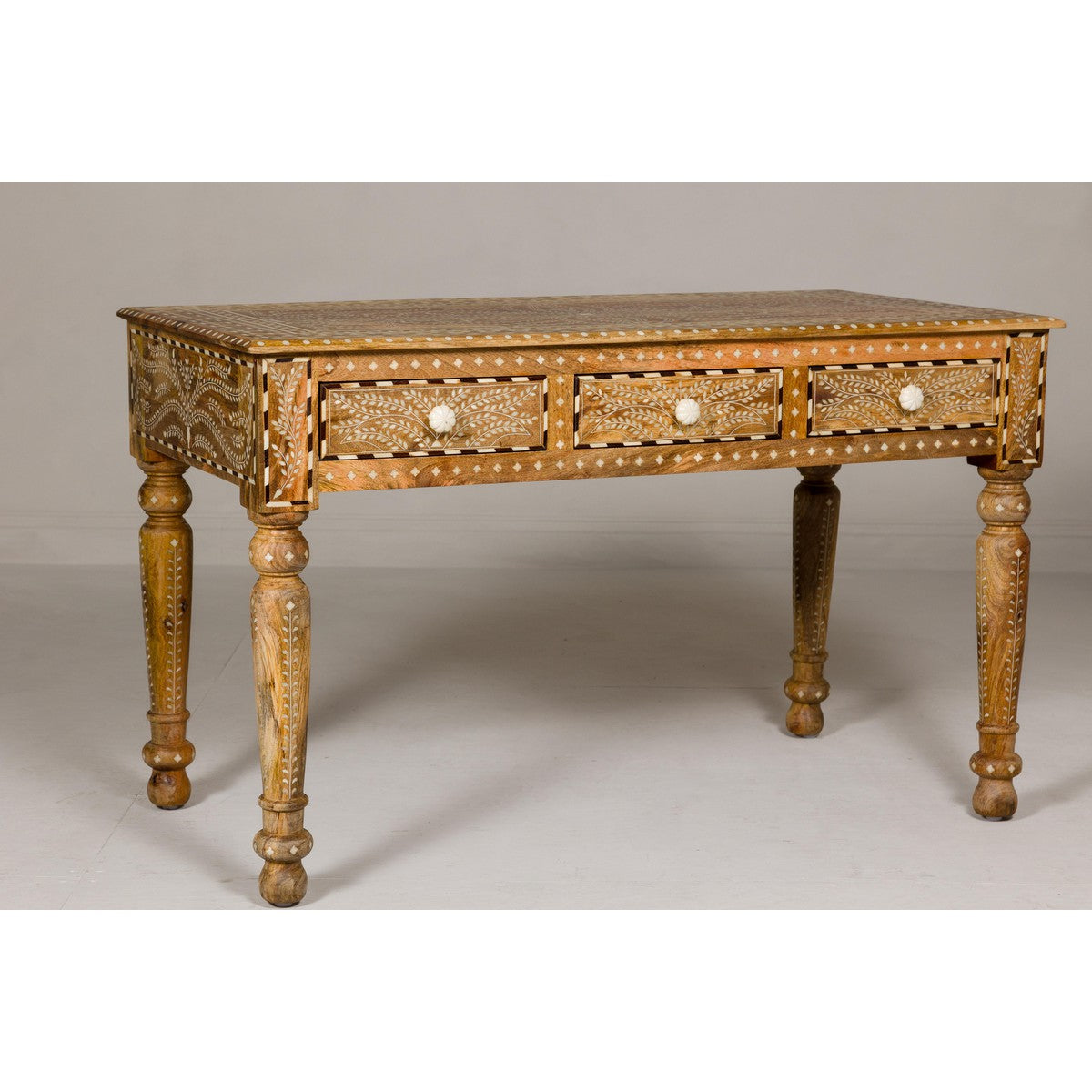 Anglo Style Mango Wood Desk with Drawers, Bone Inlay and Light Patina-11. Asian & Chinese Furniture, Art, Antiques, Vintage Home Décor for sale at FEA Home