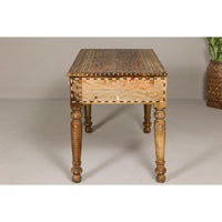 Anglo Style Mango Wood Desk with Drawers, Bone Inlay and Light Patina