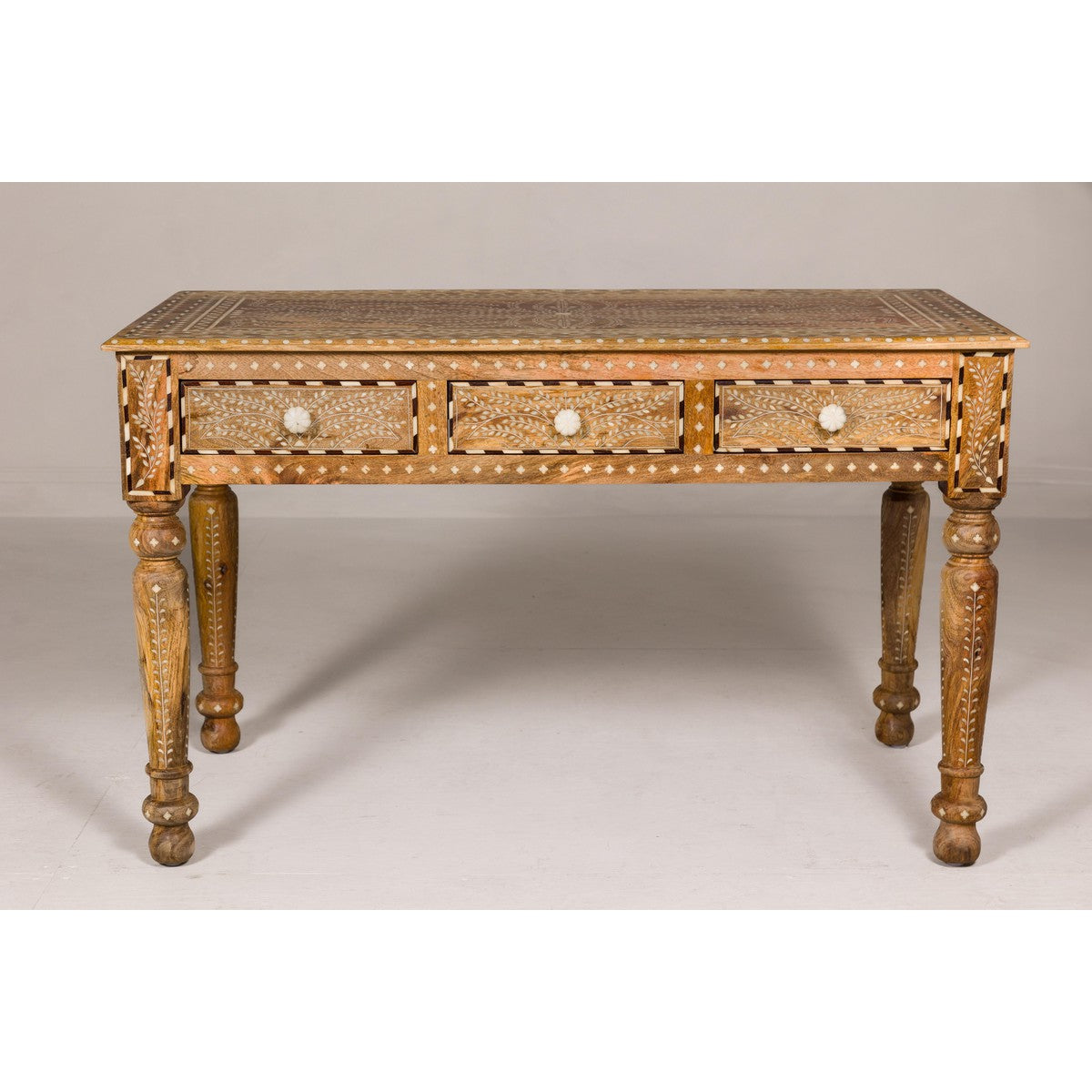 Anglo Style Mango Wood Desk with Drawers, Bone Inlay and Light Patina-2. Asian & Chinese Furniture, Art, Antiques, Vintage Home Décor for sale at FEA Home