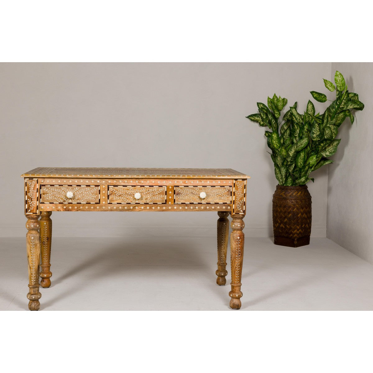 Anglo Style Mango Wood Desk with Drawers, Bone Inlay and Light Patina-3. Asian & Chinese Furniture, Art, Antiques, Vintage Home Décor for sale at FEA Home