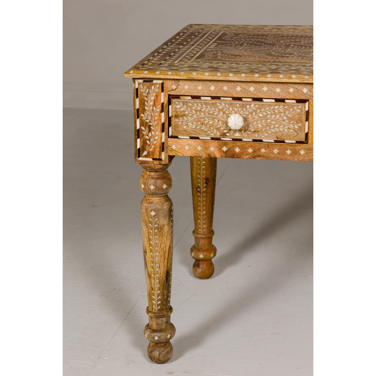 Anglo Style Mango Wood Desk with Drawers, Bone Inlay and Light Patina-6. Asian & Chinese Furniture, Art, Antiques, Vintage Home Décor for sale at FEA Home