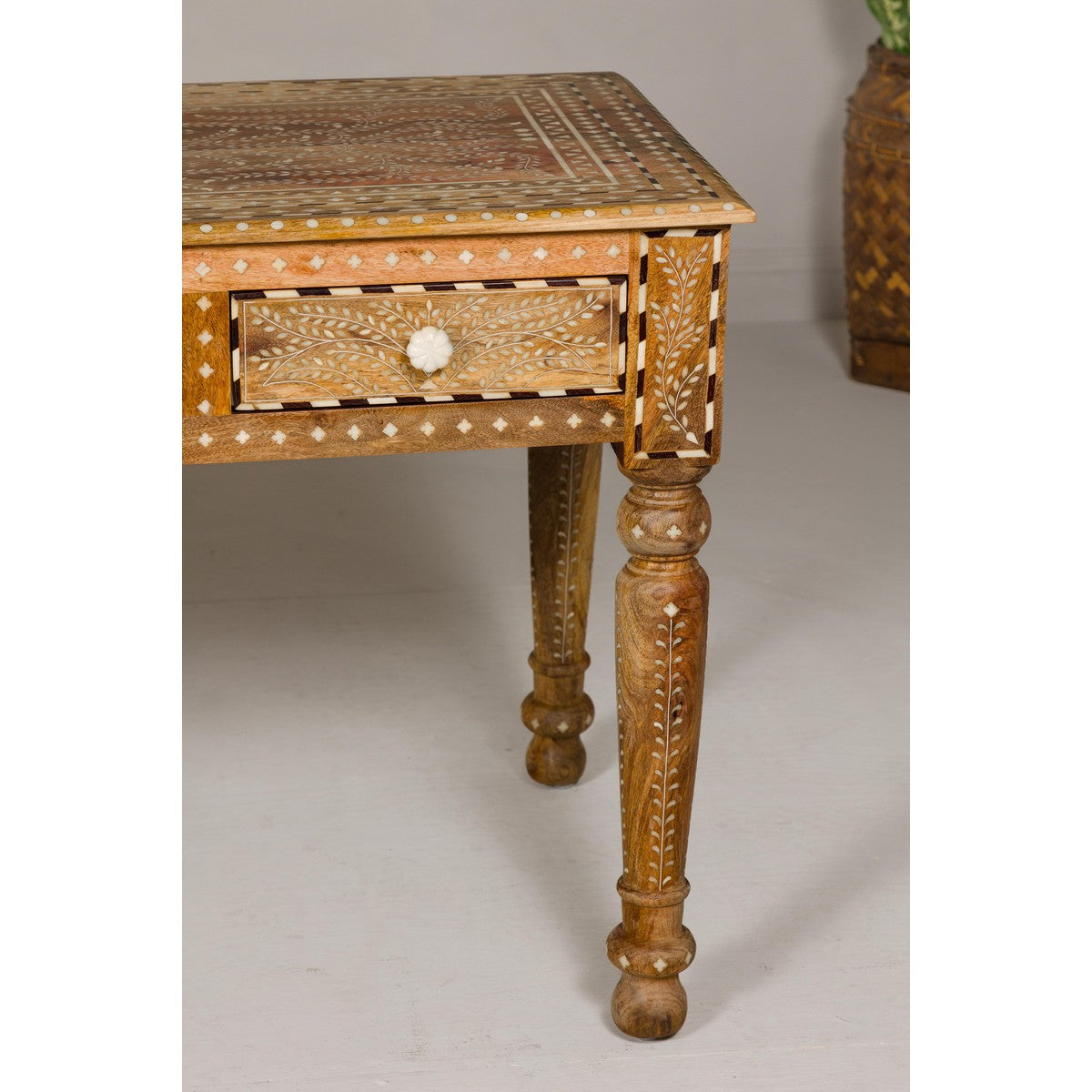 Anglo Style Mango Wood Desk with Drawers, Bone Inlay and Light Patina-7. Asian & Chinese Furniture, Art, Antiques, Vintage Home Décor for sale at FEA Home