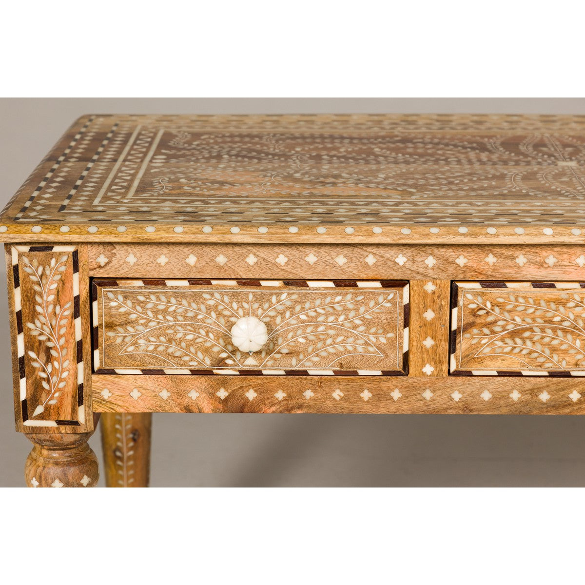 Anglo Style Mango Wood Desk with Drawers, Bone Inlay and Light Patina-8. Asian & Chinese Furniture, Art, Antiques, Vintage Home Décor for sale at FEA Home
