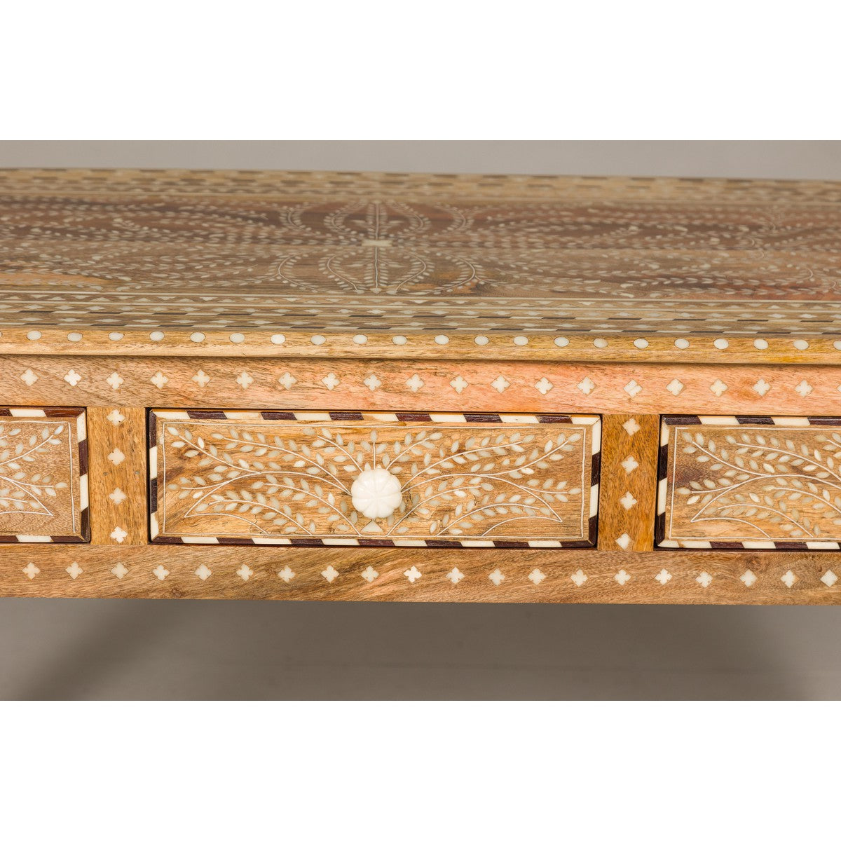 Anglo Style Mango Wood Desk with Drawers, Bone Inlay and Light Patina-9. Asian & Chinese Furniture, Art, Antiques, Vintage Home Décor for sale at FEA Home
