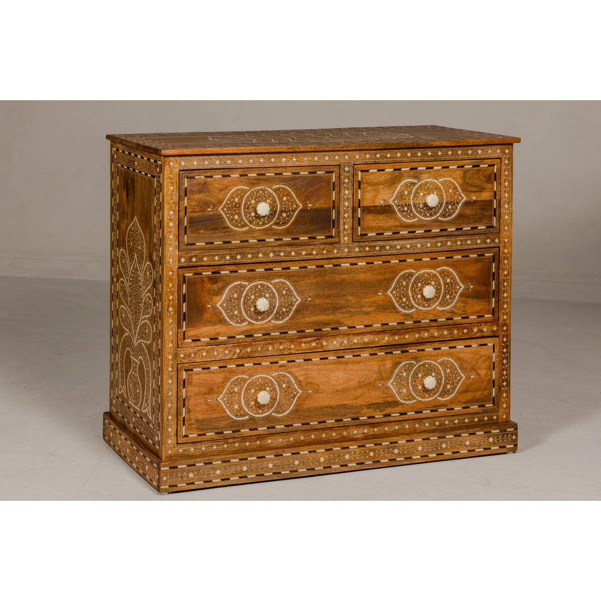 Anglo Indian Style Mango Wood Chest with Four Drawers and Floral Bone Inlay-10. Asian & Chinese Furniture, Art, Antiques, Vintage Home Décor for sale at FEA Home