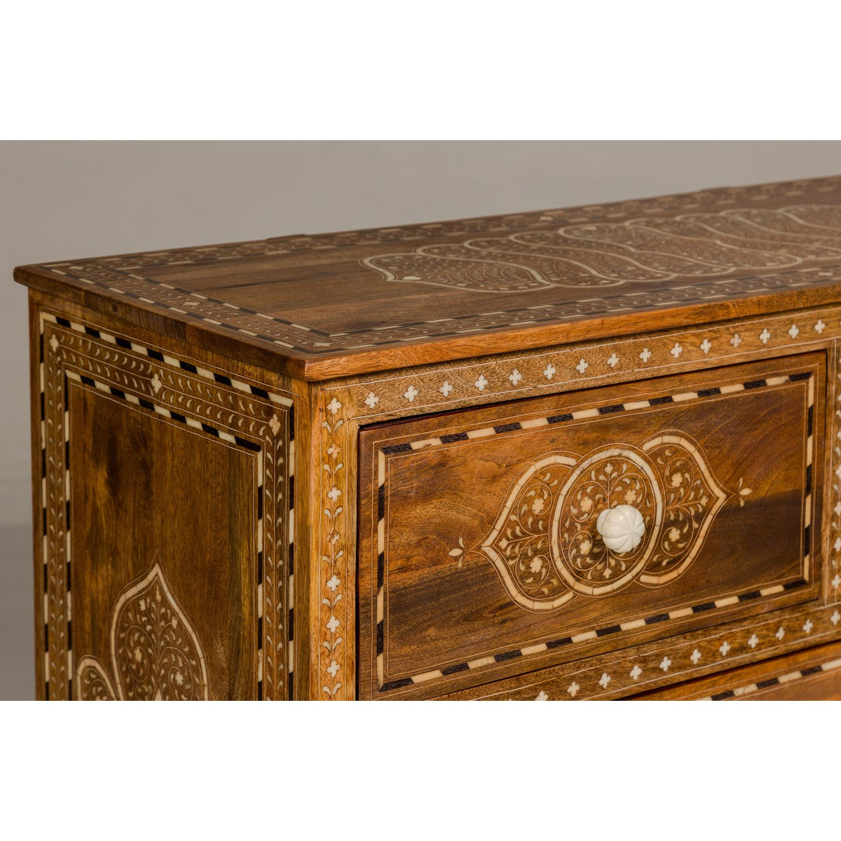 Anglo Indian Style Mango Wood Chest with Four Drawers and Floral Bone Inlay-11. Asian & Chinese Furniture, Art, Antiques, Vintage Home Décor for sale at FEA Home