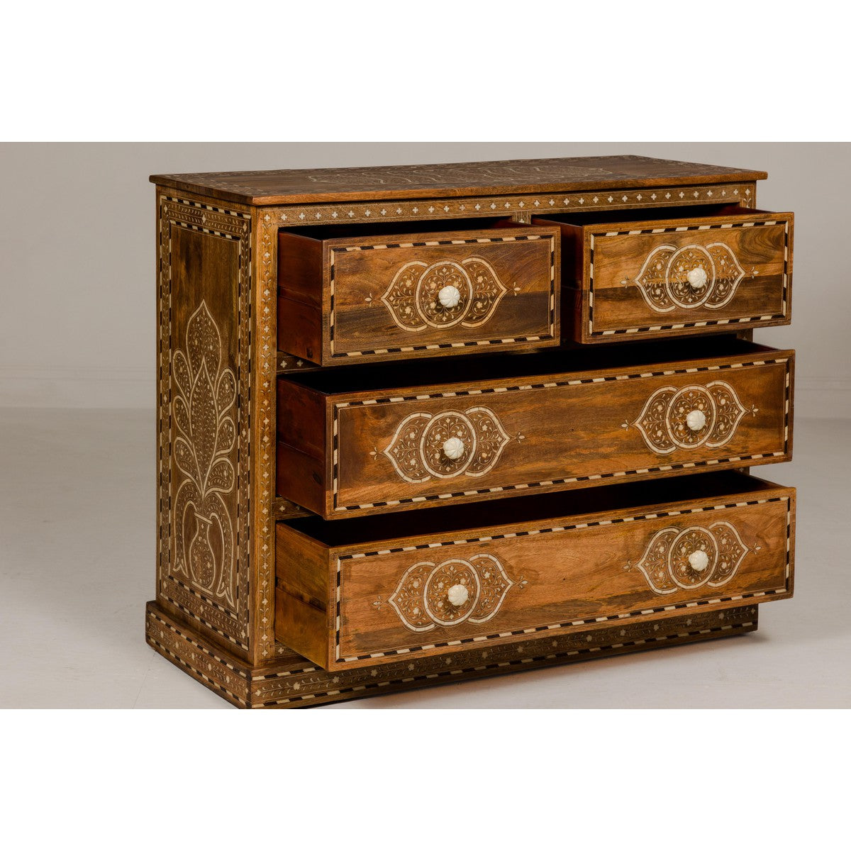 Anglo Indian Style Mango Wood Chest with Four Drawers and Floral Bone Inlay-12. Asian & Chinese Furniture, Art, Antiques, Vintage Home Décor for sale at FEA Home