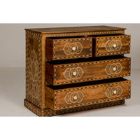 Anglo Indian Style Mango Wood Chest with Four Drawers and Floral Bone Inlay