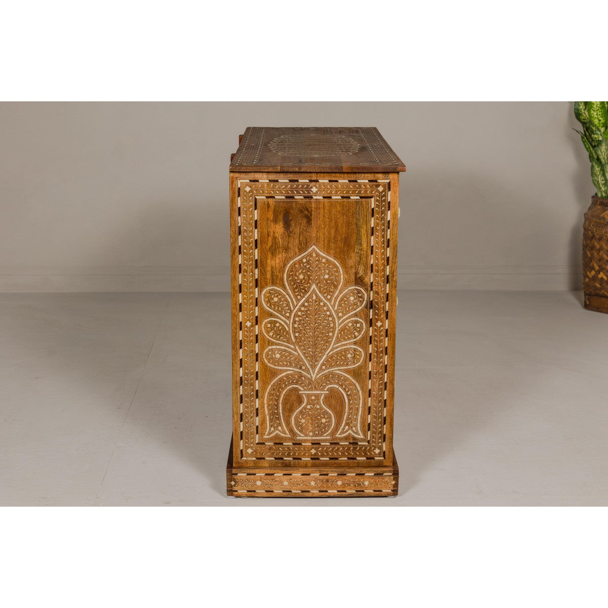 Anglo Indian Style Mango Wood Chest with Four Drawers and Floral Bone Inlay-14. Asian & Chinese Furniture, Art, Antiques, Vintage Home Décor for sale at FEA Home