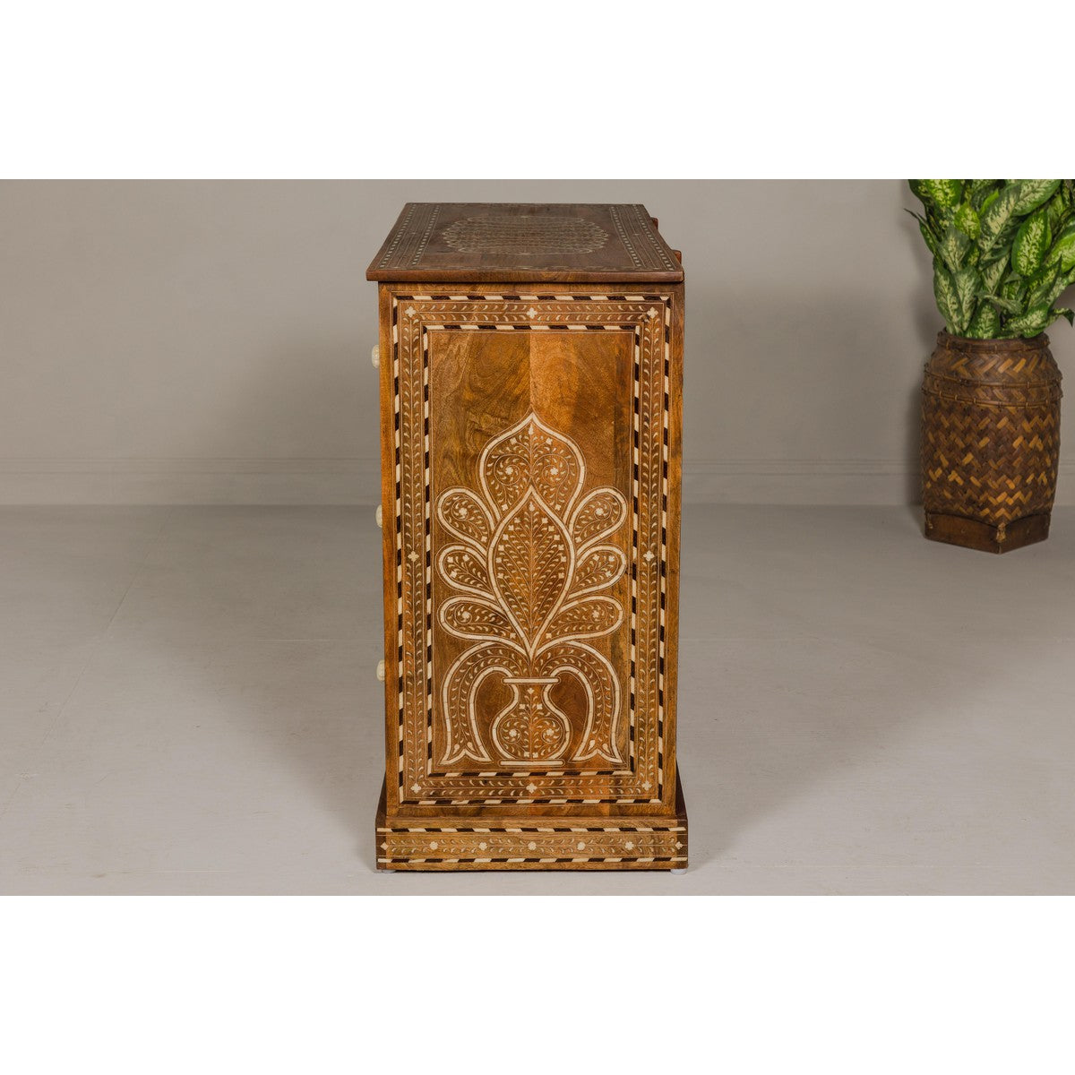 Anglo Indian Style Mango Wood Chest with Four Drawers and Floral Bone Inlay-18. Asian & Chinese Furniture, Art, Antiques, Vintage Home Décor for sale at FEA Home