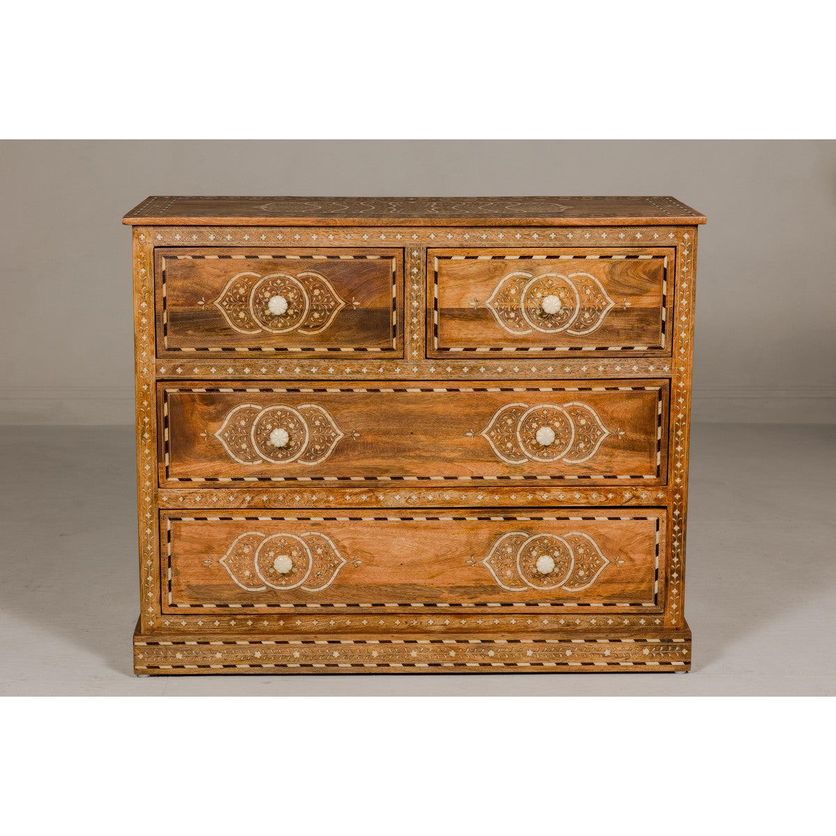 Anglo Indian Style Mango Wood Chest with Four Drawers and Floral Bone Inlay-2. Asian & Chinese Furniture, Art, Antiques, Vintage Home Décor for sale at FEA Home