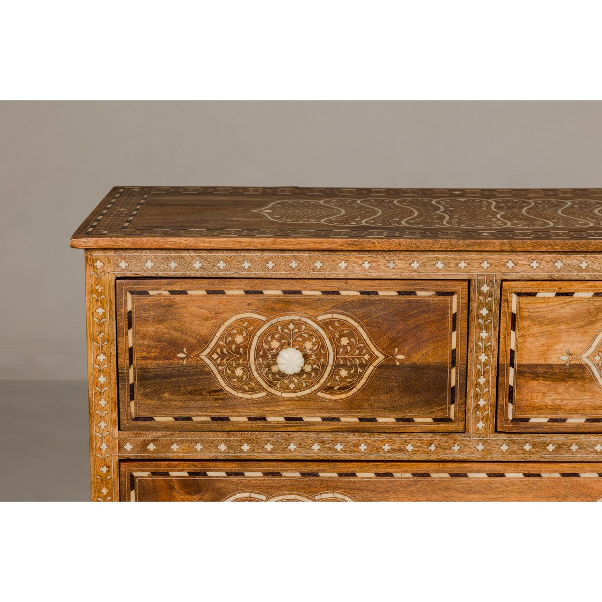Anglo Indian Style Mango Wood Chest with Four Drawers and Floral Bone Inlay-4. Asian & Chinese Furniture, Art, Antiques, Vintage Home Décor for sale at FEA Home
