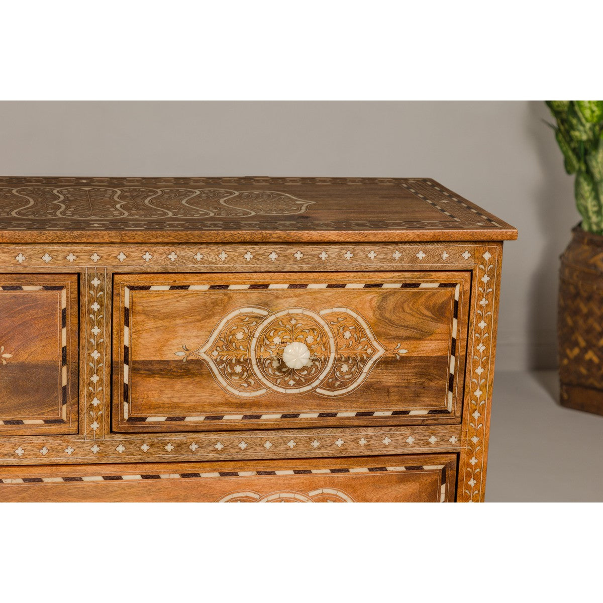 Anglo Indian Style Mango Wood Chest with Four Drawers and Floral Bone Inlay-5. Asian & Chinese Furniture, Art, Antiques, Vintage Home Décor for sale at FEA Home