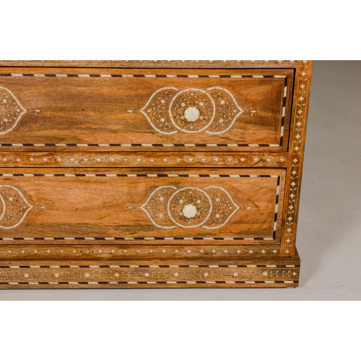 Anglo Indian Style Mango Wood Chest with Four Drawers and Floral Bone Inlay-6. Asian & Chinese Furniture, Art, Antiques, Vintage Home Décor for sale at FEA Home