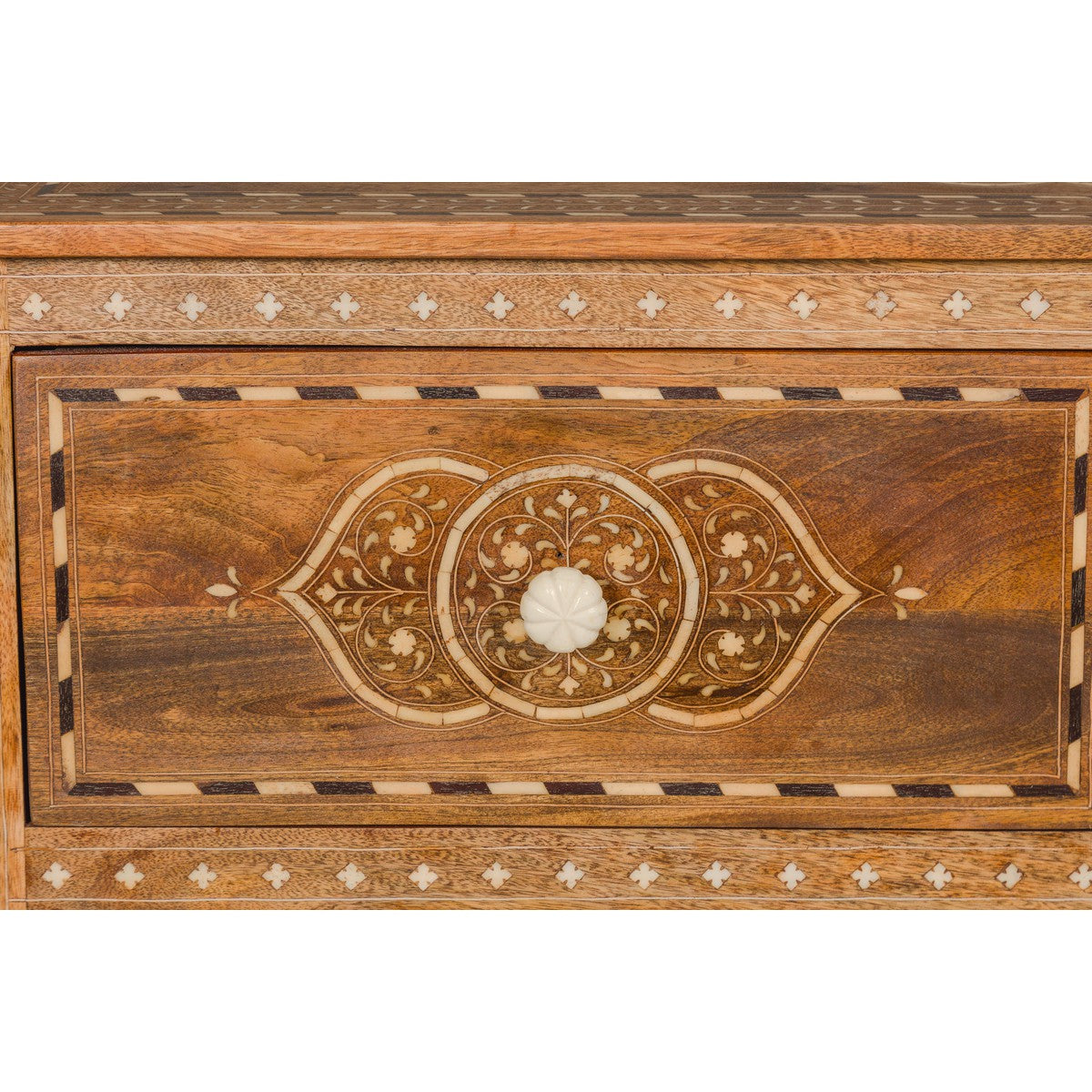 Anglo Indian Style Mango Wood Chest with Four Drawers and Floral Bone Inlay-8. Asian & Chinese Furniture, Art, Antiques, Vintage Home Décor for sale at FEA Home