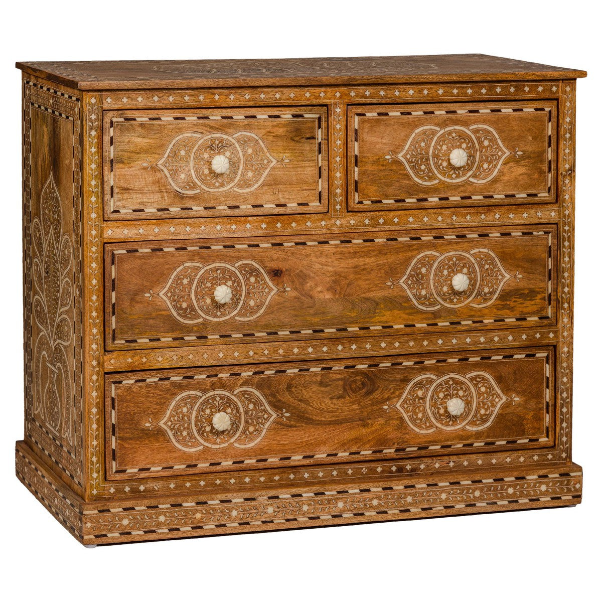 Anglo-Indian Four-Drawer Vintage Dresser Chest with Floral Bone Inlay Design Anglo-Indian Four-Drawer Vintage Dresser Chest with Floral Bone Inlay Design