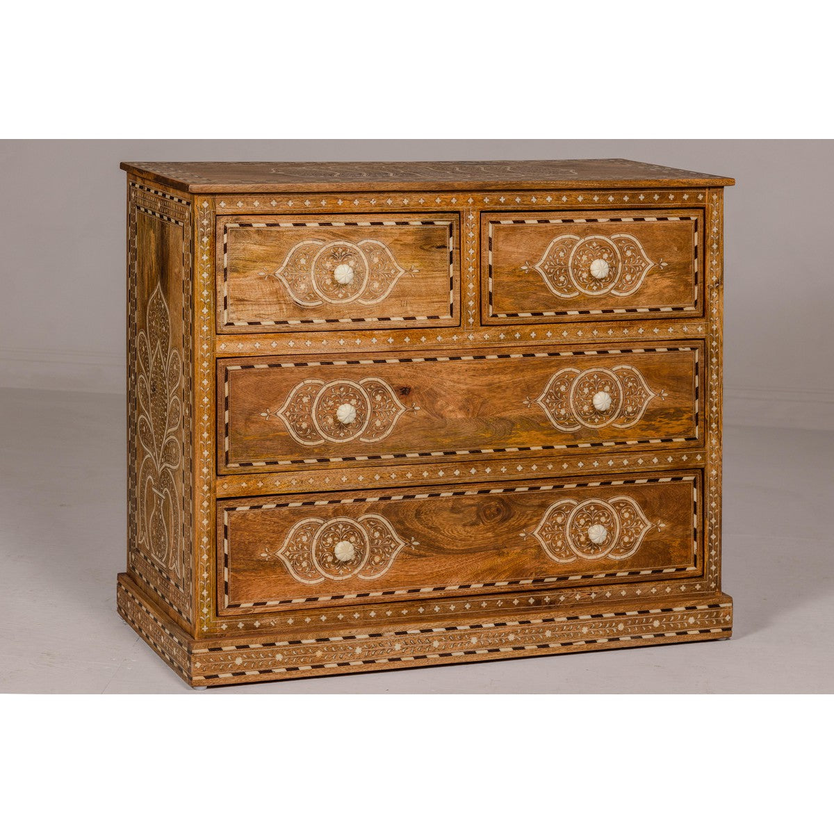 Anglo-Indian Four-Drawer Vintage Dresser Chest with Floral Bone Inlay Design-10. Asian & Chinese Furniture, Art, Antiques, Vintage Home Décor for sale at FEA Home