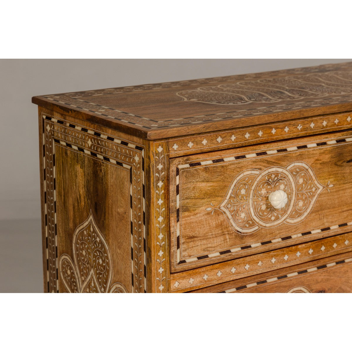 Anglo-Indian Four-Drawer Vintage Dresser Chest with Floral Bone Inlay Design-11. Asian & Chinese Furniture, Art, Antiques, Vintage Home Décor for sale at FEA Home